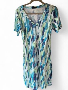 David Cline V-Neck Brushstroke Print Tee Dress - Blue/Green Made in the USA